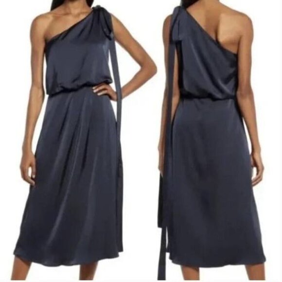 New Amylynn Satin One Shoulder Tie Sash Asymmetrical Midi Dress Small Women Blue - Picture 1 of 15